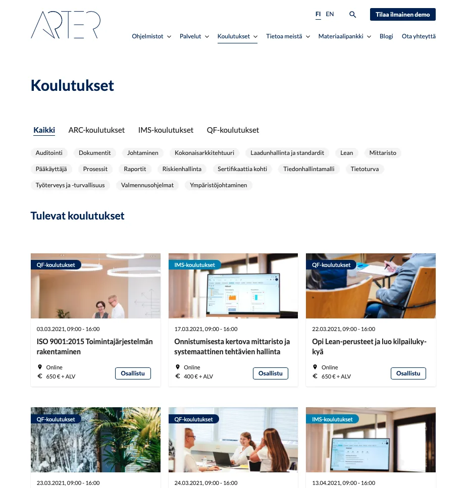 Tapahtumakalenteri Arterin verkkosivuilla