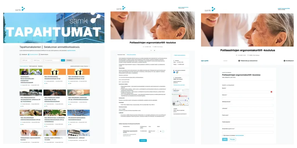Ilmoittautumisprosessi kalenterista ilmoittautumislomakkeelle on visuaalisesti yhtenäinen.