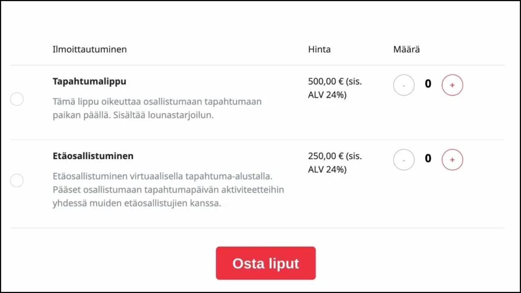 Lipunmyynnissä on valittavana tapahtumalippu tai etäosallistumislippu